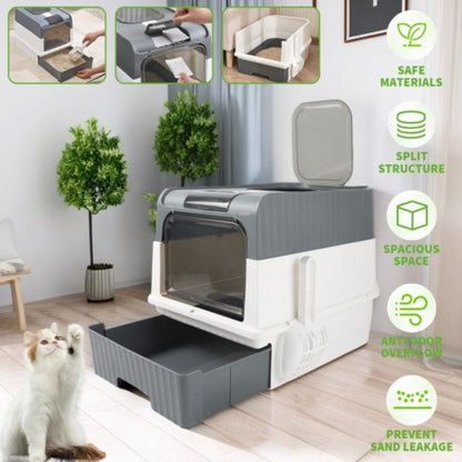 Large Grey Cat Litter Box – Drawer Design, Anti-Splash Potty Tray