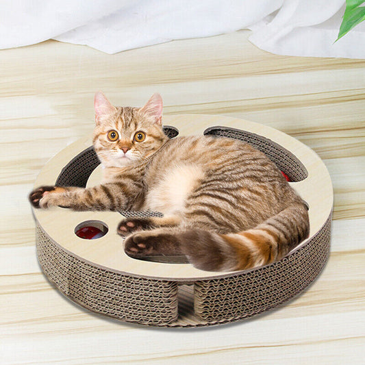 3-in-1 Cat Scratcher Toy – Round Corrugated Pad with Bell Ball